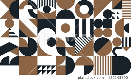Golden, black and white abstract geometric pattern. Vector background with modern art graphic texture of simple geometry shapes mosaic. Abstract ornament with lines, circles and squares composition 120143800