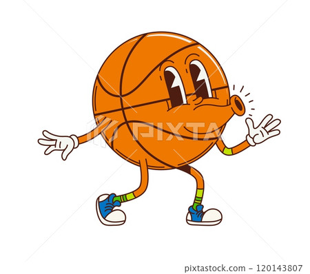 Groovy basketball ball character in retro cartoon with funny face, vector comic sport emoji. Groovy basketball ball whistling in silly good vibes for psychedelic sport character in retro cartoon Groovy basketball ball character in retro cartoon with funny face, vector comic sport emoji. Groovy basketball ball whistling in silly good vibes for psychedelic sport character in retro cartoon 120143807
