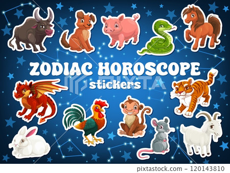 Cartoon zodiac horoscope animals stickers pack. Vector chinese New Year horoscope characters. Dragon, snake, horse and rabbit, goat, tiger, dog and monkey, rat, pig, ox and rooster animals stickers Cartoon zodiac horoscope animals stickers pack. Vector chinese New Year horoscope characters. Dragon, snake, horse and rabbit, goat, tiger, dog and monkey, rat, pig, ox and rooster animals stickers 120143810