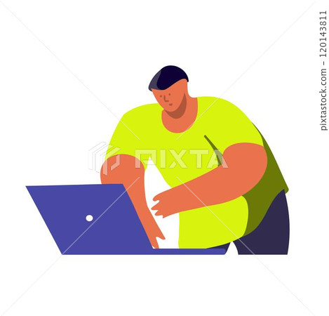 The man is looking for something intensely in the laptop The man is looking for something intensely in the laptop 120143811