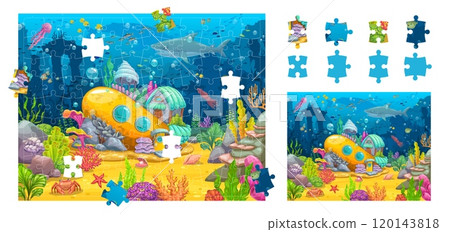 Jigsaw puzzle game pieces of underwater landscape with sunken submarine house, vector worksheet. Kids jigsaw puzzle game with undersea house in submarine with sea crab and fishes or shark and crab Jigsaw puzzle game pieces of underwater landscape with sunken submarine house, vector worksheet. Kids jigsaw puzzle game with undersea house in submarine with sea crab and fishes or shark and crab 120143818