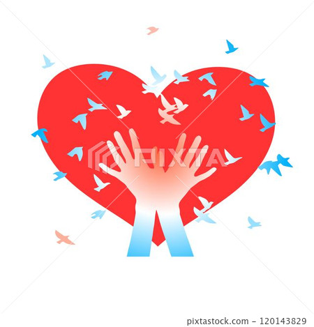 Hands with birds on a background of hearts. 120143829