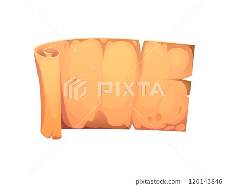 Cartoon pirate old scroll, parchment manuscript. Ancient times paper manuscript, medieval law isolated vector parchment paper or pirate treasure map rolled scroll. Antique document blank papyrus 120143846