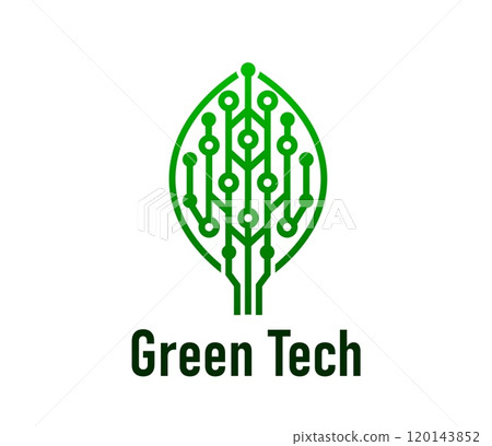 Green tech icon for smart digital farm and eco green energy technology, vector emblem. Green tech company sign of leaf with digital circuit board for innovation, biotechnology and green energy 120143852