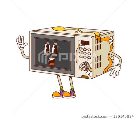 Cartoon groovy kitchen microwave oven character with funny face, vector comic emoji. Groovy microwave oven with funky smile and Hi Hello gesture for retro cartoon kitchen cooking appliance character Cartoon groovy kitchen microwave oven character with funny face, vector comic emoji. Groovy microwave oven with funky smile and Hi Hello gesture for retro cartoon kitchen cooking appliance character 120143854