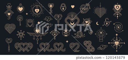 Golden boho Valentine esoteric elements, celestial and mystic symbol icons. Vector line love hearts, stars and moon, sun and planets. Valentines Day boho art Cupid arrows and bow, padlocks and keys Golden boho Valentine esoteric elements, celestial and mystic symbol icons. Vector line love hearts, stars and moon, sun and planets. Valentines Day boho art Cupid arrows and bow, padlocks and keys 120143879