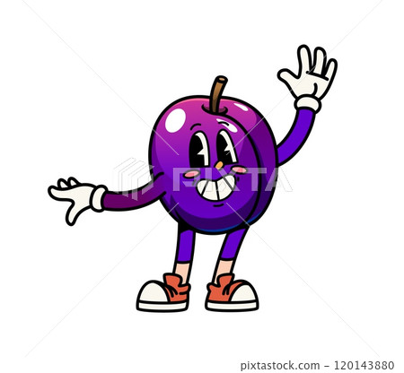 Cartoon groovy plum fruit character with a bright smile and playful expression. Isolated vector cheerful fruity damson personage evokes feelings of happiness, promotes healthy eating and vitamin foods Cartoon groovy plum fruit character with a bright smile and playful expression. Isolated vector cheerful fruity damson personage evokes feelings of happiness, promotes healthy eating and vitamin foods 120143880