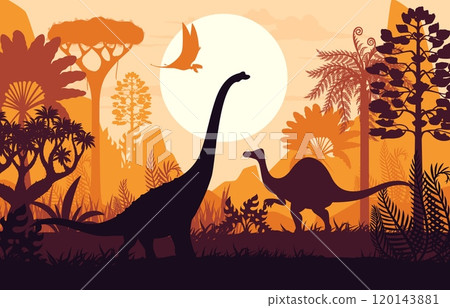 Dinosaurs silhouettes at sunset landscape in Jurassic era forest, vector background. Prehistoric giant lizards and pterodactyl silhouettes in jungle sunset for paleontology museum or dinosaurs atlas Dinosaurs silhouettes at sunset landscape in Jurassic era forest, vector background. Prehistoric giant lizards and pterodactyl silhouettes in jungle sunset for paleontology museum or dinosaurs atlas 120143881