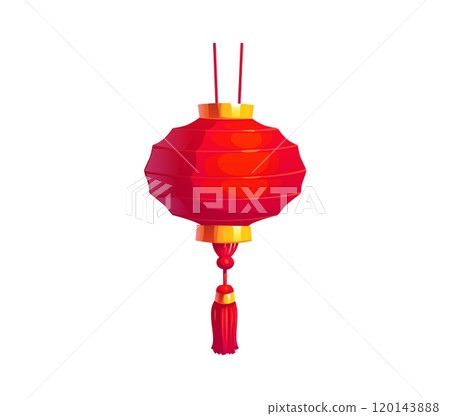 Cartoon Chinese festival red lantern or Asian Chinatown lamp, vector icon. Chinese lunar New Year holiday celebration symbol and festival decoration, red paper lantern with tassel as luck symbol 120143888