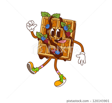 Cartoon groovy Belgian waffle bakery and pastry character. Cartoon vector wafer with happy face, covered in chocolate syrup, berries, and mint leaves, energetically walking, wearing colorful sneakers 120143901