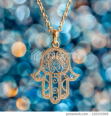 Beautiful Hamsa Hand pendant against a serene blue bokeh background 120143908