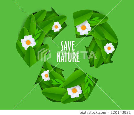 Environment banner, paper cut recycle sign with green leaves and white daisy flowers. Save Earth nature vector eco concept of ecology protection. Plastic waste recycle symbol of 3d paper cut arrows Environment banner, paper cut recycle sign with green leaves and white daisy flowers. Save Earth nature vector eco concept of ecology protection. Plastic waste recycle symbol of 3d paper cut arrows 120143921