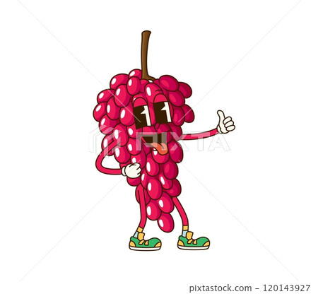 Cartoon retro groovy grape fruit character with funky smile on face, vector emoji. Groovy grapes cluster with quirky expression of tongue out and thumb up gesture for comic fruit in 70s retro cartoon Cartoon retro groovy grape fruit character with funky smile on face, vector emoji. Groovy grapes cluster with quirky expression of tongue out and thumb up gesture for comic fruit in 70s retro cartoon 120143927