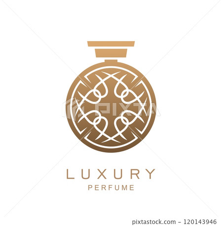 Luxury golden bottle perfume fragrance icon. Elegant gold round flask with premium scent. Isolated vector emblem with ornate spray bottle for high-end fragrance branding, beauty and cosmetic products Luxury golden bottle perfume fragrance icon. Elegant gold round flask with premium scent. Isolated vector emblem with ornate spray bottle for high-end fragrance branding, beauty and cosmetic products 120143946