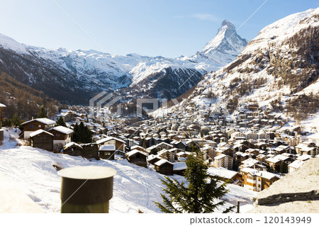 Snowy mountain Matterhorn during the day in winter. Zermatt, swiss alps Snowy mountain Matterhorn during the day in winter. Zermatt, swiss alps 120143949