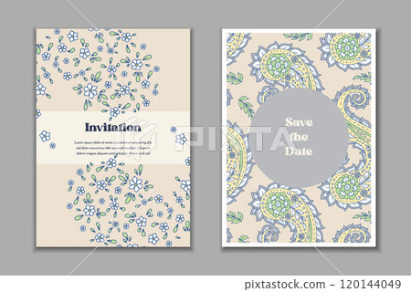 Two greeting cards templates set with floral paisley motifs. Wedding invitation Two greeting cards templates set with floral paisley motifs. Wedding invitation 120144049