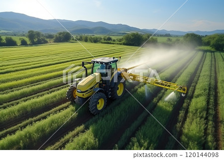 A farmer fertilizes plants with the help of a tractor and a sprayer. 120144098
