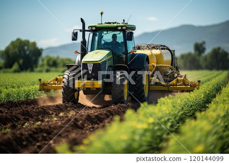 A farmer fertilizes plants with the help of a tractor and a sprayer. A farmer fertilizes plants with the help of a tractor and a sprayer. 120144099