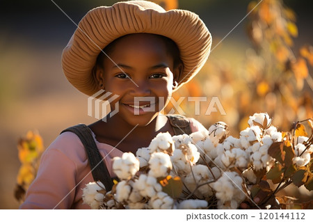 Little beautiful African girl with a basket of cotton. 120144112