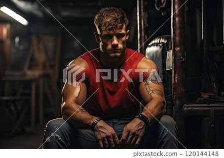 Portrait of a muscular athlete sitting in the gym. 120144148