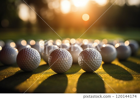 A large number of golf balls close-up. 120144174