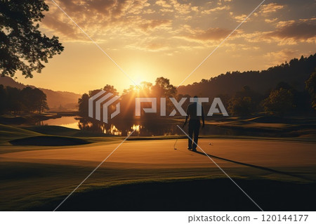 A man with a club in his hands walks on the golf course. 120144177