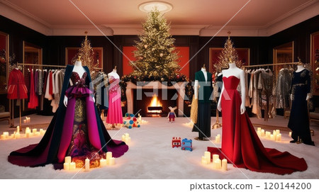 Elegant Christmas room with fashionable dress display and fireplace in center 120144200