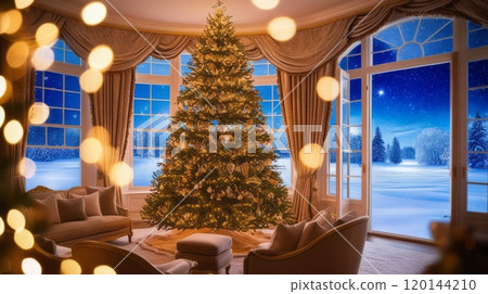Elegant Christmas Room with Lit Tree, Bokeh Lights, and Snowy Window View 120144210