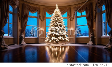 Large Elegant Room with Snowy Christmas Tree and Winter View Outside 120144212