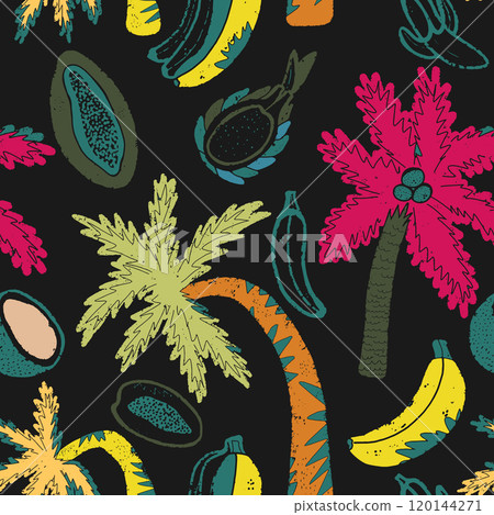 seamless pattern with tropical plants, leaves, flowers 120144271
