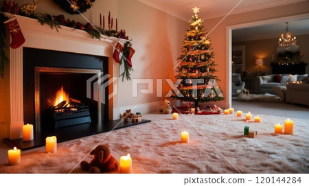 Warm Christmas Room with Glowing Fireplace, Decorated Trees, and Candlelight 120144284