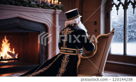 Santa in Elegant Room by Fireplace, Gazing Out Snowy Window 120144286