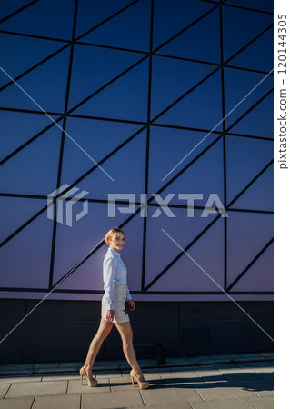 Portrait of a beautiful slender fashion woman in a blouse and skirt on a street walk 120144305