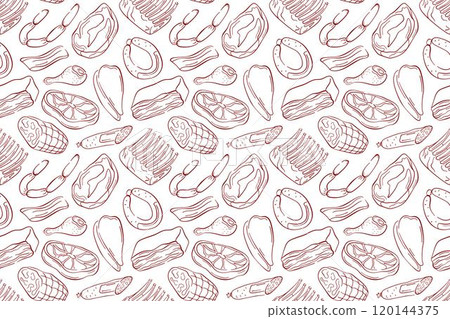 Seamless meat pattern with various cuts and types in line art style. Perfect for butcher shop design, culinary project or background in food related illustration. 120144375