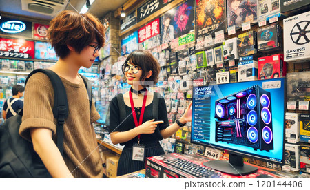 A young female clerk working at a computer shop 120144406