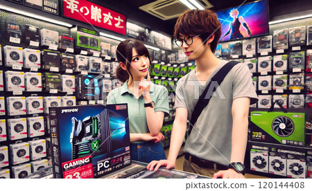 A young female clerk working at a computer shop 120144408