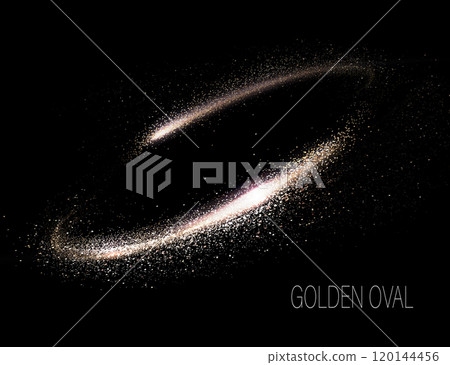 Isolated design element, golden oval frame with sparkling tinsel on black background 120144456