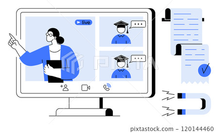 Teacher giving a live online lesson on a computer screen alongside students in caps and gowns. Ideal for virtual learning, online education, digital classrooms, remote teaching, e-learning platforms Teacher giving a live online lesson on a computer screen alongside students in caps and gowns. Ideal for virtual learning, online education, digital classrooms, remote teaching, e-learning platforms 120144460
