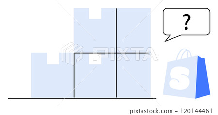 Stacked boxes with a shopping bag and speech bubble with a question mark. Ideal for logistics, e-commerce, inventory, online shopping, and delivery services. Clean, minimal style 120144461