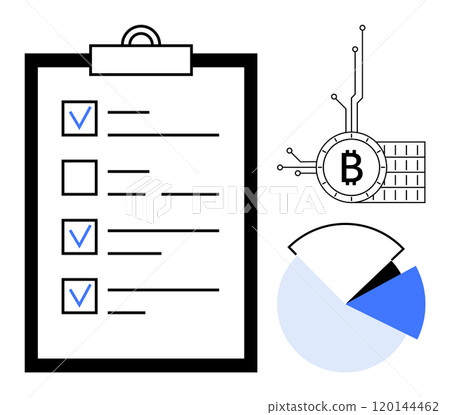 A clipboard with a checklist featuring three checked boxes and one unchecked box is next to a Bitcoin symbol with circuit lines and a pie chart. Ideal for organization, productivity, fintech 120144462
