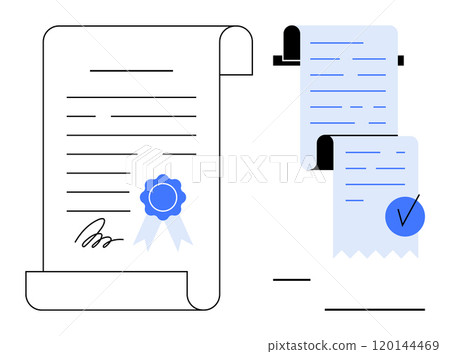 Signed certificate with blue ribbon next to two receipts, one highlighted with a verified checkmark. Ideal for legal documents, business transactions, certifications, receipts, and verification 120144469