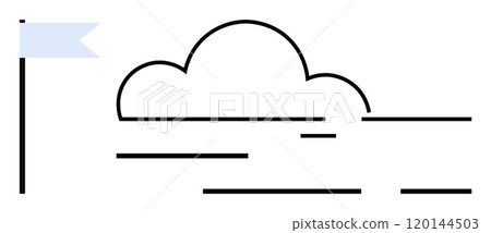 Minimalistic line art features a cloud beside a flag on a flagpole. Simple and clean design highlights a serene clear sky. Ideal for weather themes, web design, graphical presentations, childrens Minimalistic line art features a cloud beside a flag on a flagpole. Simple and clean design highlights a serene clear sky. Ideal for weather themes, web design, graphical presentations, childrens 120144503
