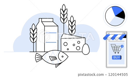 Picture of milk carton, cheese, fish, egg, and wheat with a pie chart and online shopping cart. Ideal for smart shopping, food, online grocery, e-commerce, healthy eating 120144505