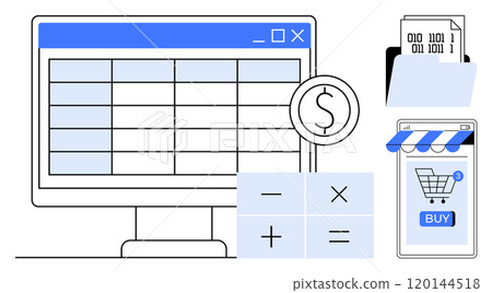 Computer screen with spreadsheet, shopping cart on smartphone, and calculator symbols. Ideal for finance, e-commerce, accounting, budgeting, financial planning themes. Modern clean style. Light blue 120144518