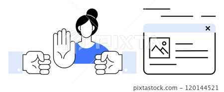 Woman with raised hand and two fists on either side, next to a minimized web page. Ideal for online safety, harassment prevention, digital protection, user moderation, and cyberbullying awareness Woman with raised hand and two fists on either side, next to a minimized web page. Ideal for online safety, harassment prevention, digital protection, user moderation, and cyberbullying awareness 120144521