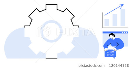 Large central gear with a cloud background, bar chart with an upward arrow indicating growth, person holding cash back sign. Ideal for teamwork, finance, business, marketing, technology. Minimal 120144528