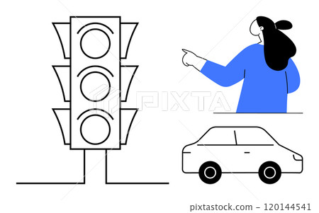 Traffic light with three sections, woman pointing rightward in blue top, and simple car outline. Ideal for road safety, driving instructions, traffic signals, transportation concepts, educational 120144541