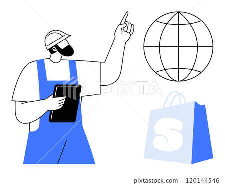 Worker points at globe while holding tablet. Shopping bag in foreground. Ideal for e-commerce, global trade, technology, logistics, online shopping themes. Simple modern style Worker points at globe while holding tablet. Shopping bag in foreground. Ideal for e-commerce, global trade, technology, logistics, online shopping themes. Simple modern style 120144546
