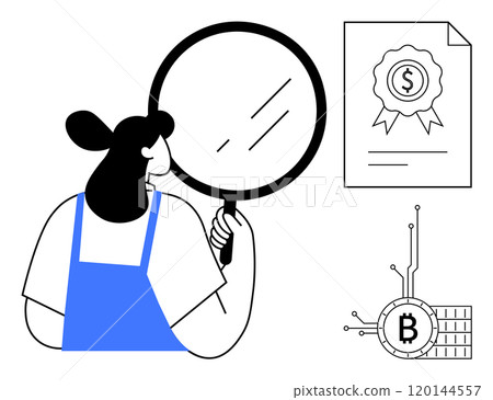Woman holding a magnifying glass examining financial document with dollar sign certificate and Bitcoin symbol. Ideal for finance, cryptocurrency, investment, analysis, research. Minimalist line art 120144557