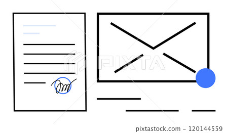 A document with a signature and an envelope with a notification dot. Ideal for digital communication, email services, contract signing, online correspondence, and office productivity. Simple graphic A document with a signature and an envelope with a notification dot. Ideal for digital communication, email services, contract signing, online correspondence, and office productivity. Simple graphic 120144559